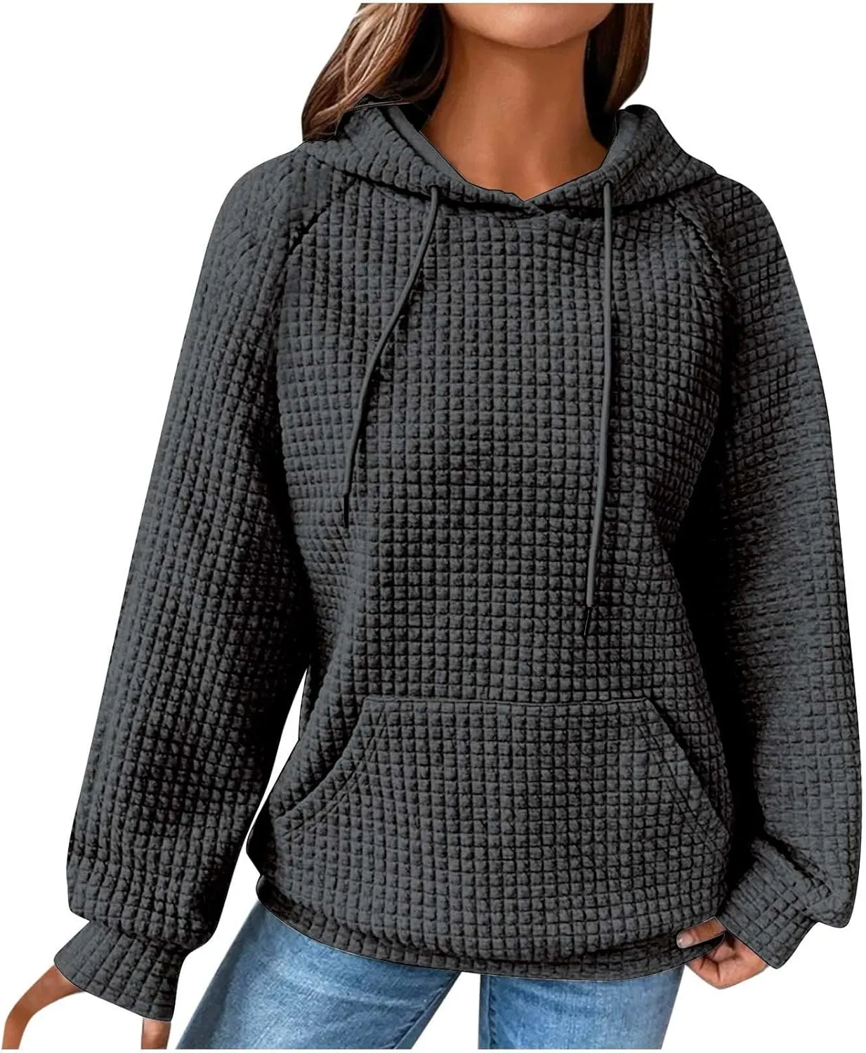 SMIDOW Oversized Hoodies For Women Trendy 2023 Waffle Knit Hooded Sweatshirt Casual Loose Fall Winter Pullover Tops