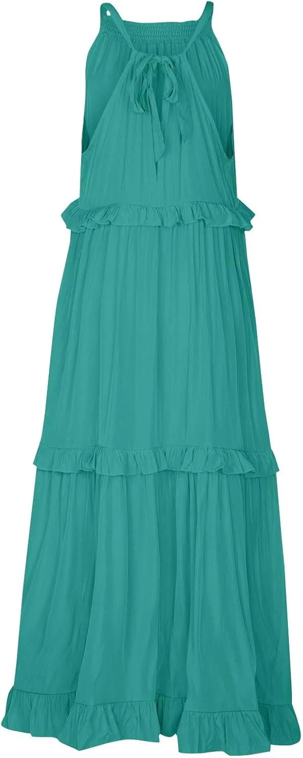 Smocked Dress Women Summer Sleeveless Tank Dresses Halter Tie Back Flowy Ruffle Tiered Maxi Dress with Pockets