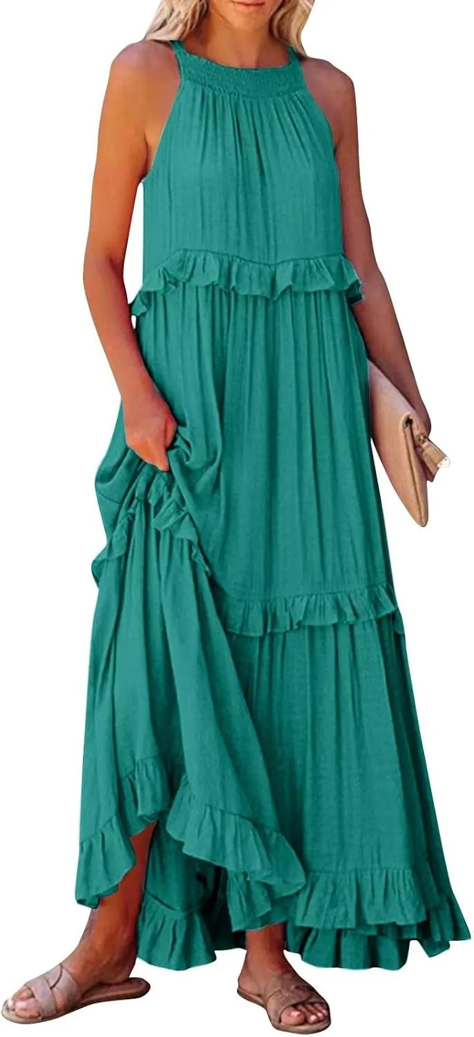 Smocked Dress Women Summer Sleeveless Tank Dresses Halter Tie Back Flowy Ruffle Tiered Maxi Dress with Pockets