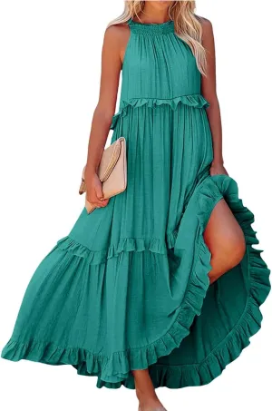 Smocked Dress Women Summer Sleeveless Tank Dresses Halter Tie Back Flowy Ruffle Tiered Maxi Dress with Pockets
