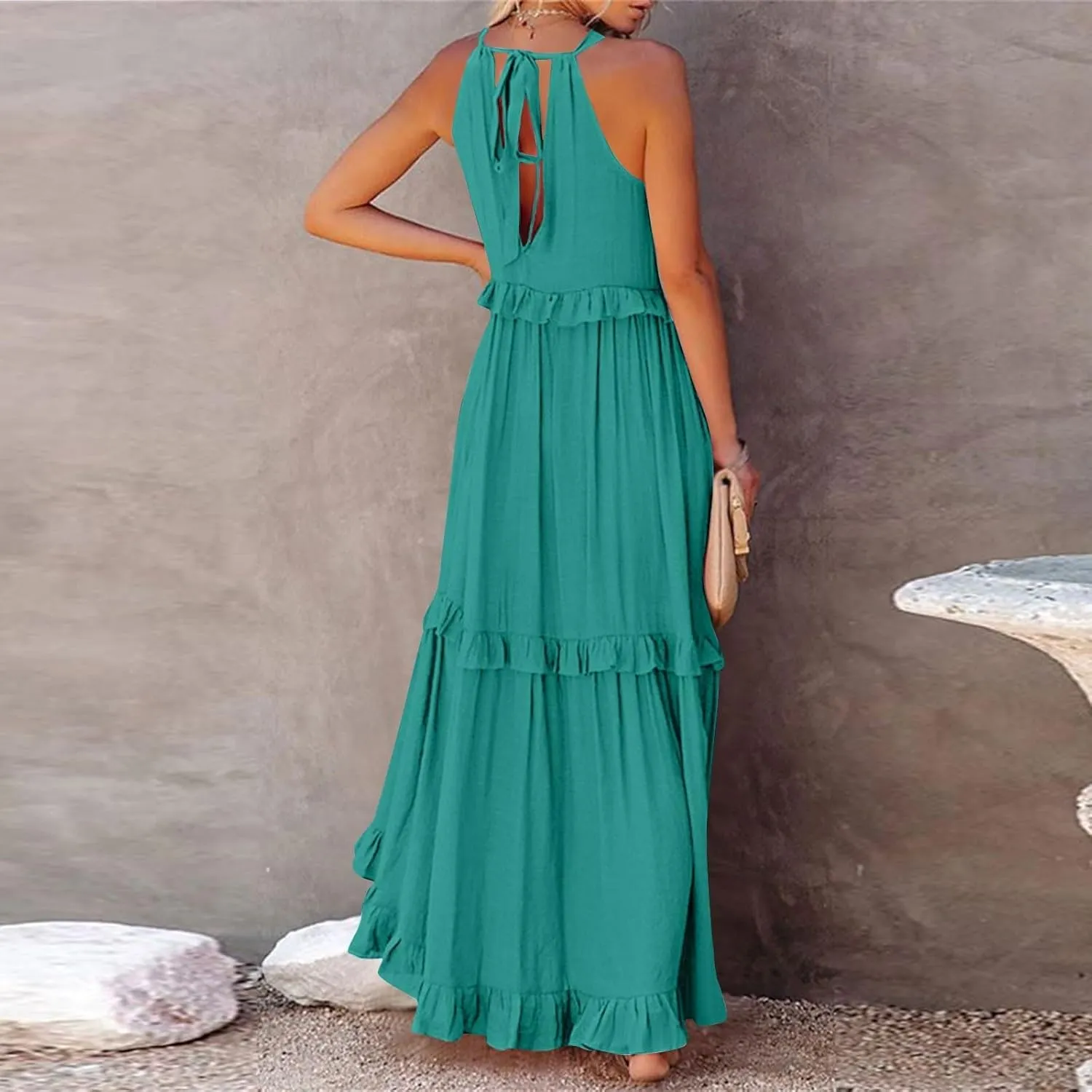 Smocked Dress Women Summer Sleeveless Tank Dresses Halter Tie Back Flowy Ruffle Tiered Maxi Dress with Pockets