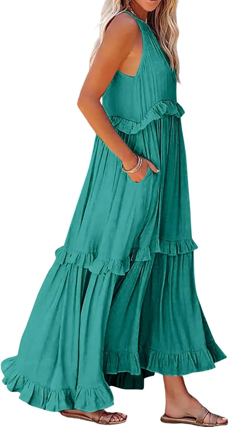 Smocked Dress Women Summer Sleeveless Tank Dresses Halter Tie Back Flowy Ruffle Tiered Maxi Dress with Pockets