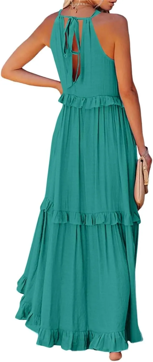 Smocked Dress Women Summer Sleeveless Tank Dresses Halter Tie Back Flowy Ruffle Tiered Maxi Dress with Pockets