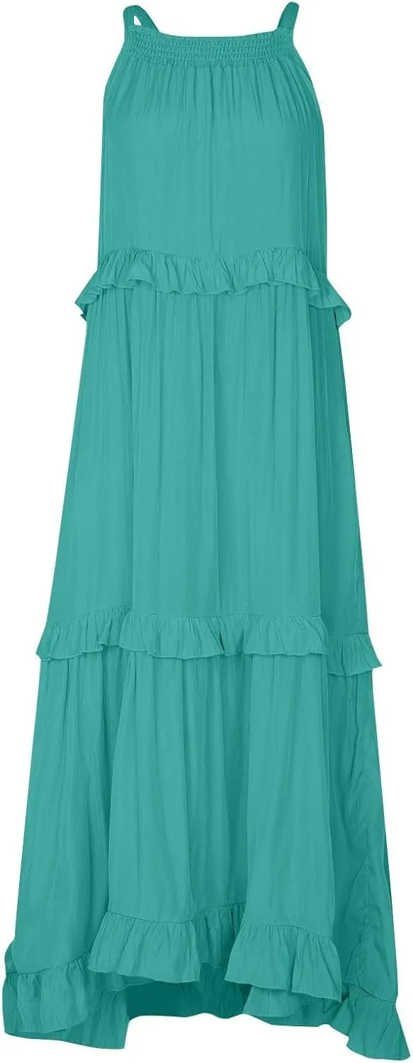 Smocked Dress Women Summer Sleeveless Tank Dresses Halter Tie Back Flowy Ruffle Tiered Maxi Dress with Pockets