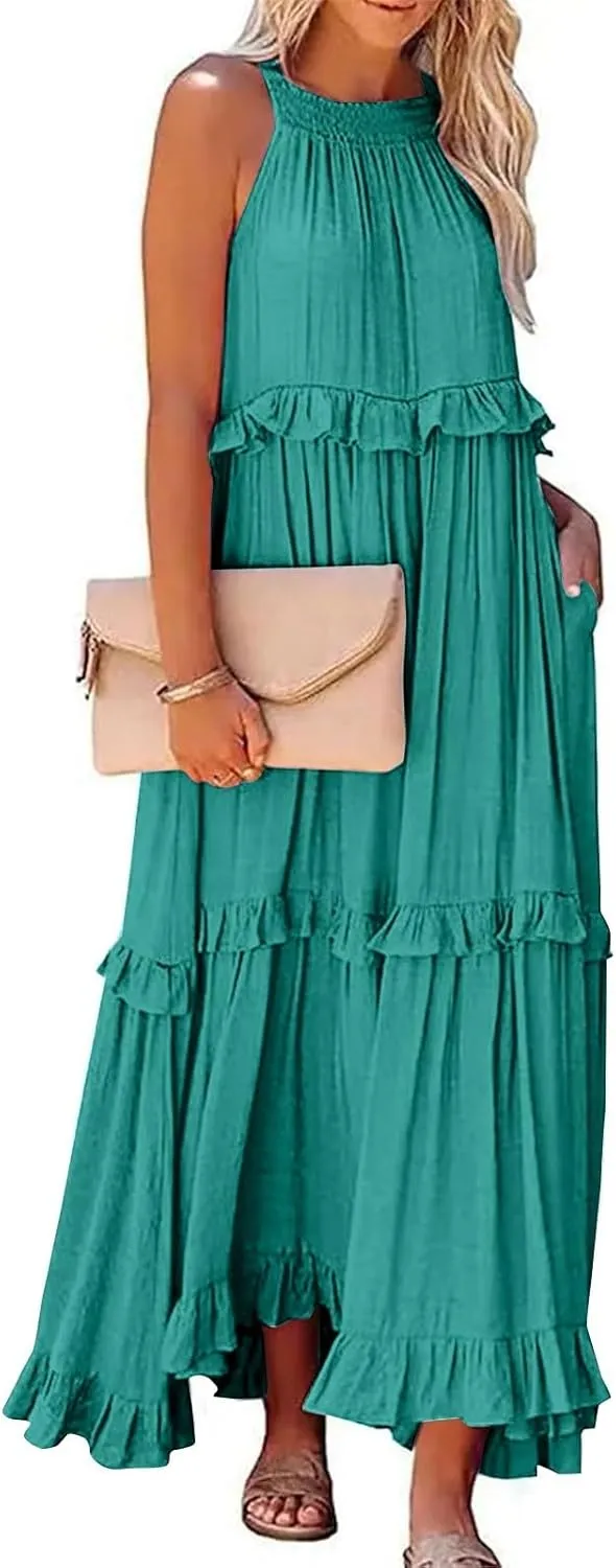 Smocked Dress Women Summer Sleeveless Tank Dresses Halter Tie Back Flowy Ruffle Tiered Maxi Dress with Pockets