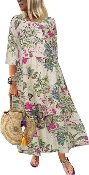 Spring Dresses for Women 2024 Casual 3/4 Sleeve Plus Size Maxi Dress A Line Shirt Flowy Swing Beach Vacation Long Sundress