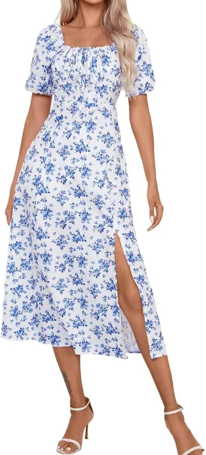 Spring Dresses for Women 2025 Midi High Slit Milkmaid Off The Shoulder Short Sleeve Boho Dresses Beach Ruffle Floral Swing Flowy Elegant Square Neck, Sundress Blue, Small