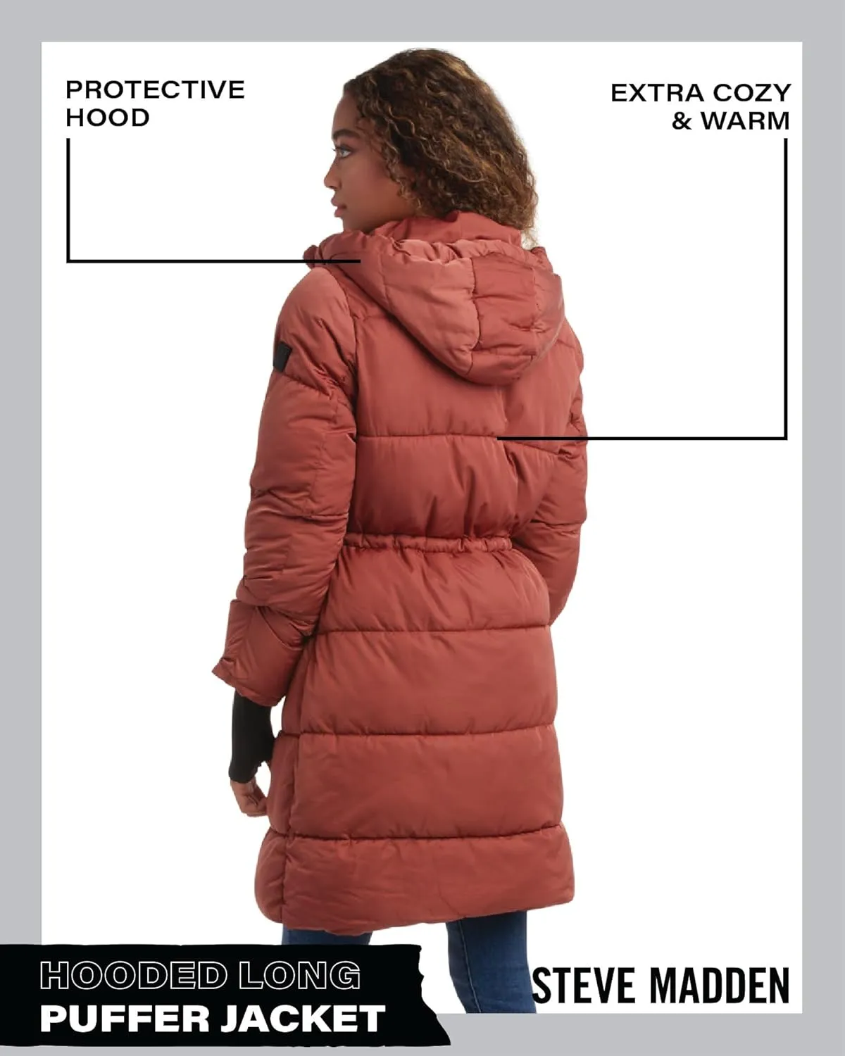 Steve Maden Women's Jacket - Cozy Hooded Long Puffer Jacket for Women with Waist Drawstrings - Warm Women's Down Jacket S-XL