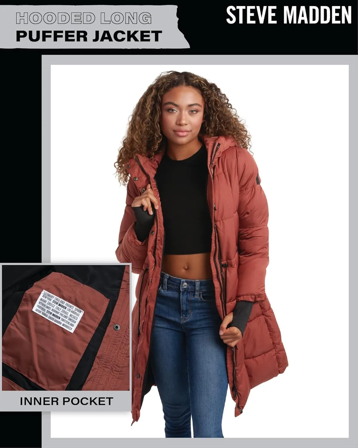Steve Maden Women's Jacket - Cozy Hooded Long Puffer Jacket for Women with Waist Drawstrings - Warm Women's Down Jacket S-XL