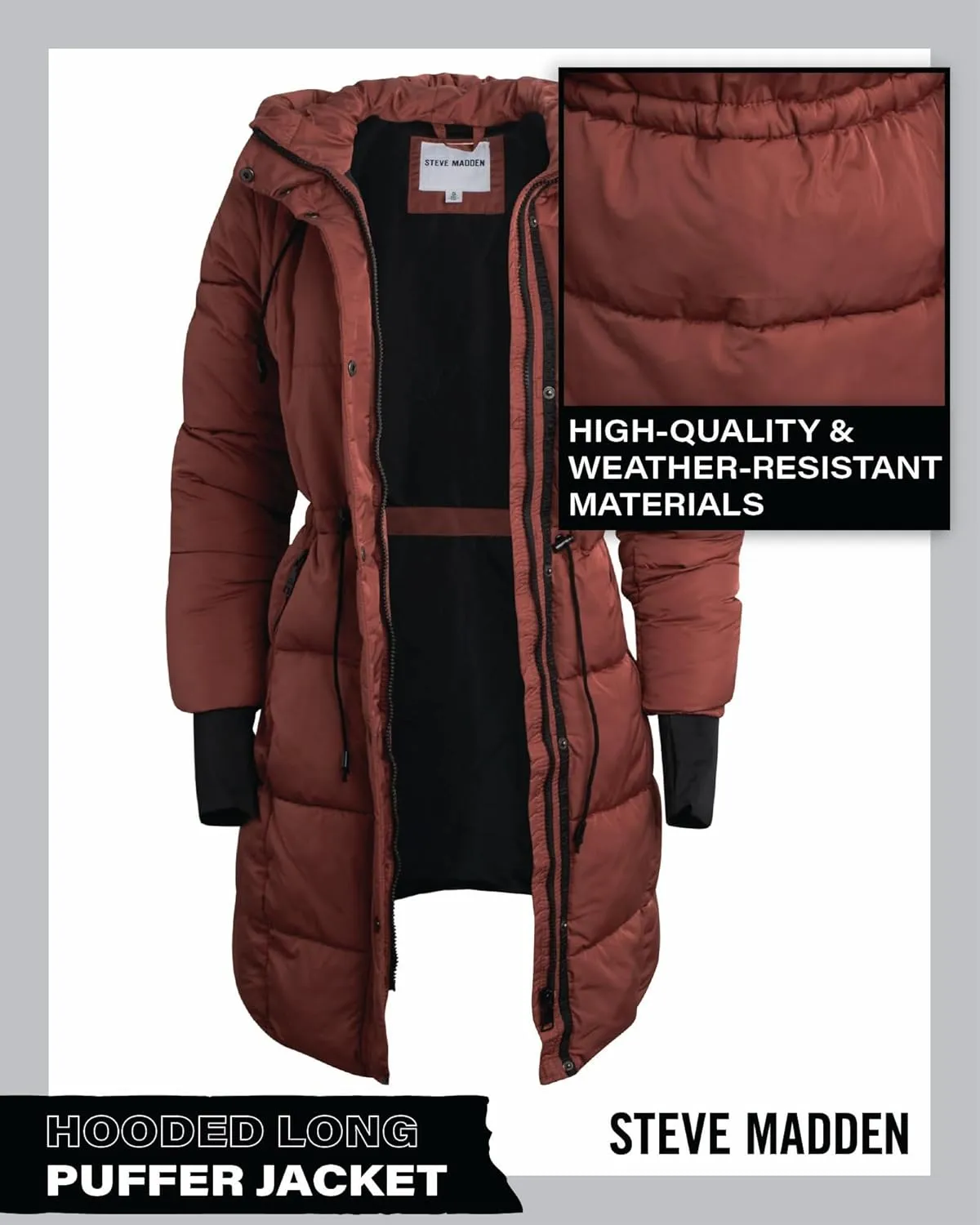 Steve Maden Women's Jacket - Cozy Hooded Long Puffer Jacket for Women with Waist Drawstrings - Warm Women's Down Jacket S-XL