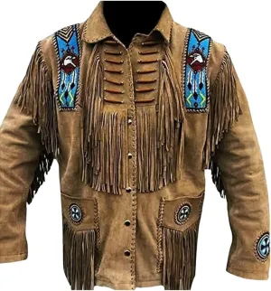 Suede Leather Jacket for Men's Western Cowboy Native American Brown Fringe Beaded Coat Outerwear