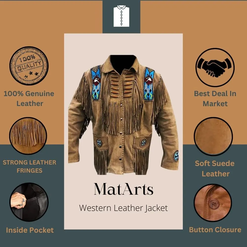Suede Leather Jacket for Men's Western Cowboy Native American Brown Fringe Beaded Coat Outerwear