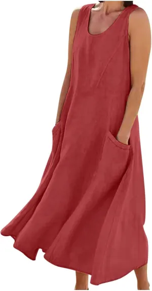 Summer Casual Linen Long Dresses Women Plus Size Loose Sleeveless Tank Dress Flowy Maxi Beach Sundress with Pockets