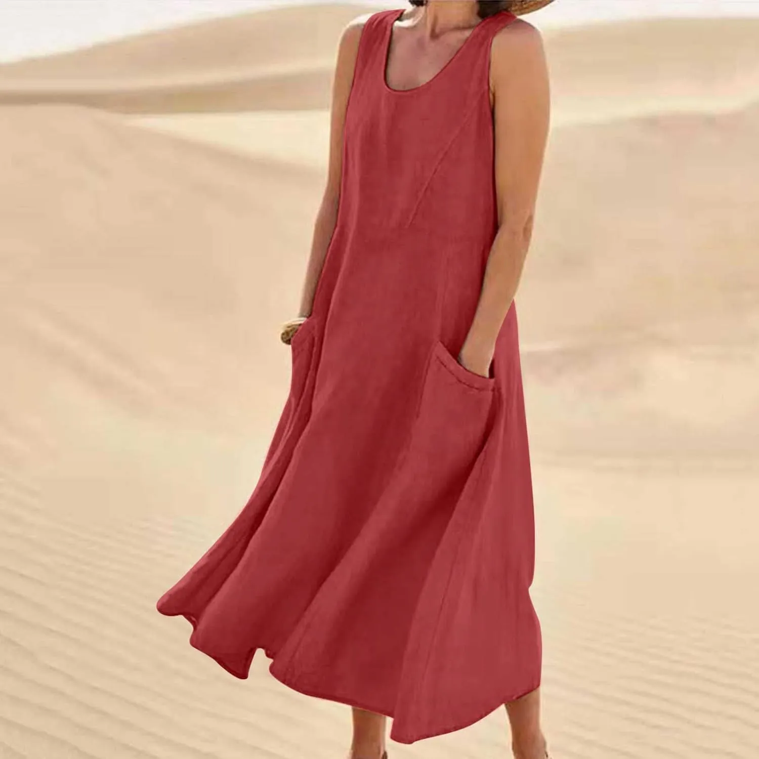 Summer Casual Linen Long Dresses Women Plus Size Loose Sleeveless Tank Dress Flowy Maxi Beach Sundress with Pockets