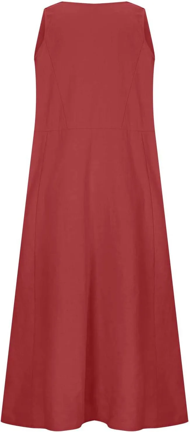 Summer Casual Linen Long Dresses Women Plus Size Loose Sleeveless Tank Dress Flowy Maxi Beach Sundress with Pockets