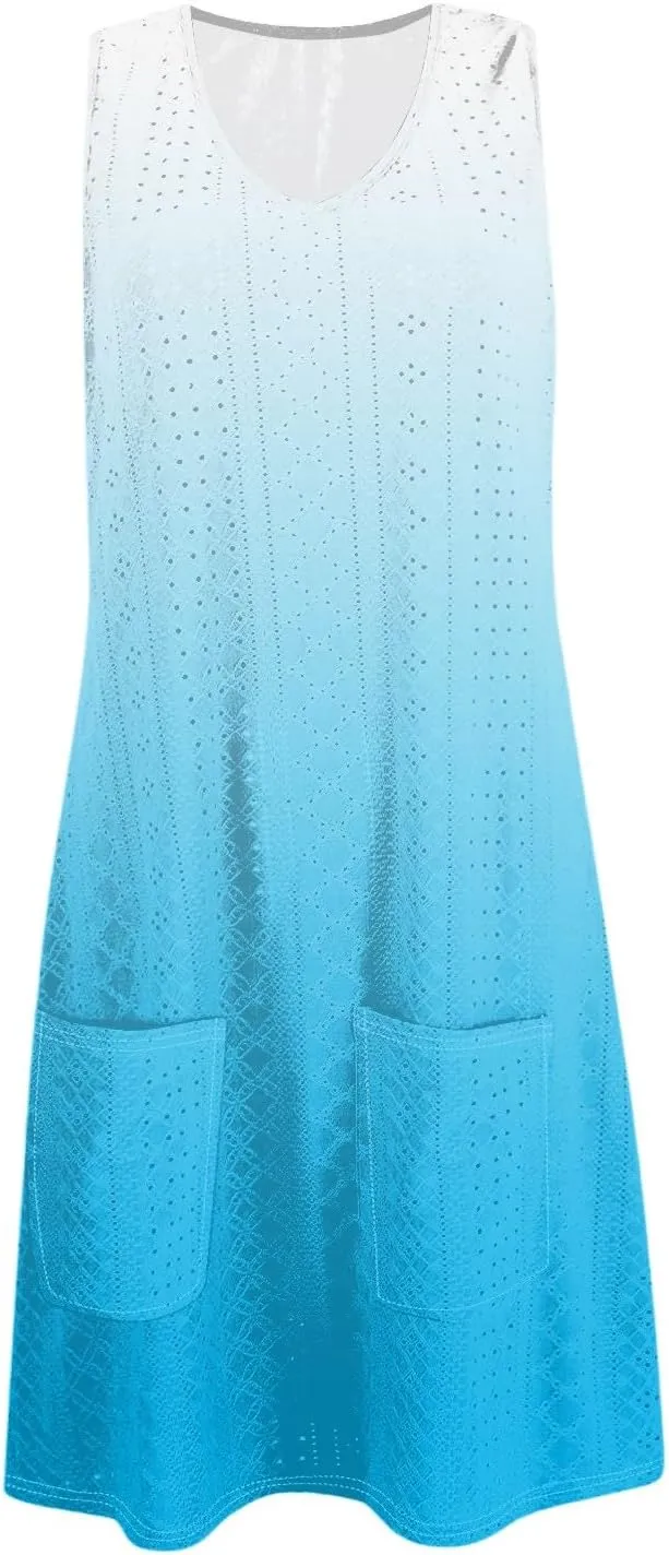 Summer Dresses for Women 2025 Eyelet Casual Sleeveless Sundresses Beach Cover Up with Pockets Loose Tank Dress