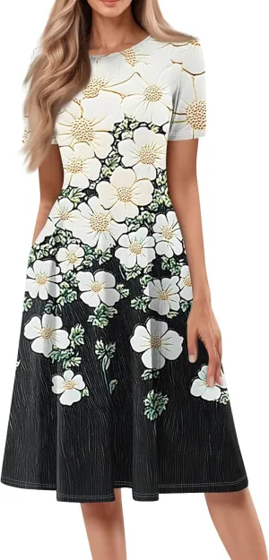 Summer Dresses for Women 2025 Flowy Midi Dresses Aline Beach Tshirt Dress Floral Short Sleeve Dress with Pockets