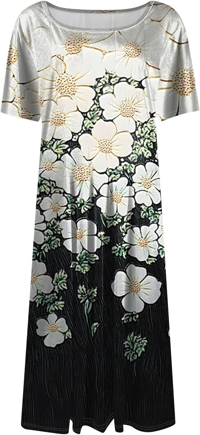 Summer Dresses for Women 2025 Flowy Midi Dresses Aline Beach Tshirt Dress Floral Short Sleeve Dress with Pockets