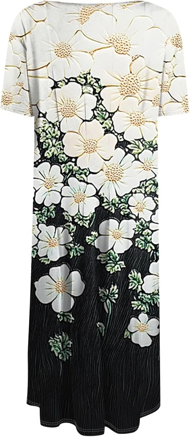 Summer Dresses for Women 2025 Flowy Midi Dresses Aline Beach Tshirt Dress Floral Short Sleeve Dress with Pockets