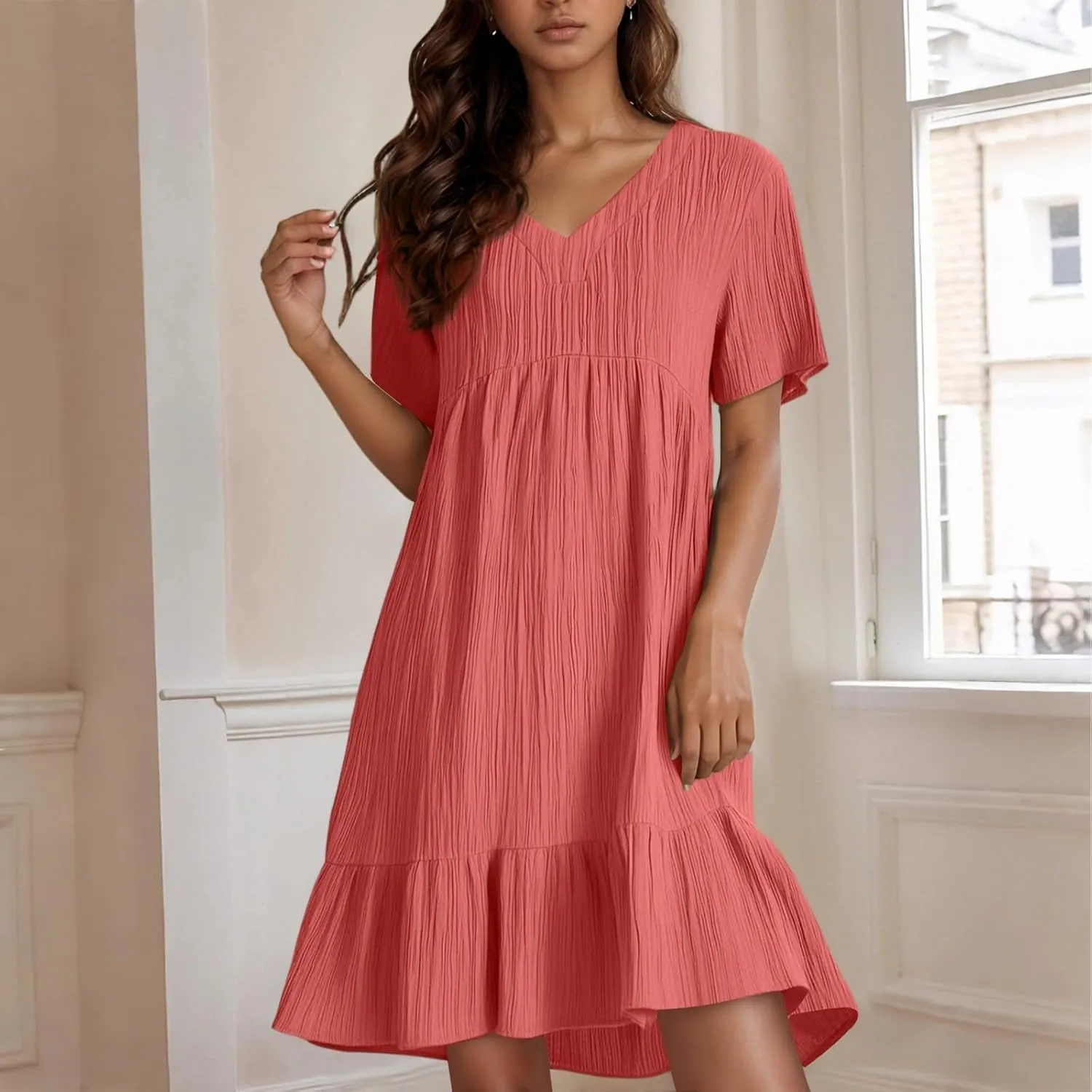Summer Dresses for Women 2025 Loose V Neck Short Sleeve T Shirt Dress Casual Flowy Ruffle Tiered Layered A-Line Dress