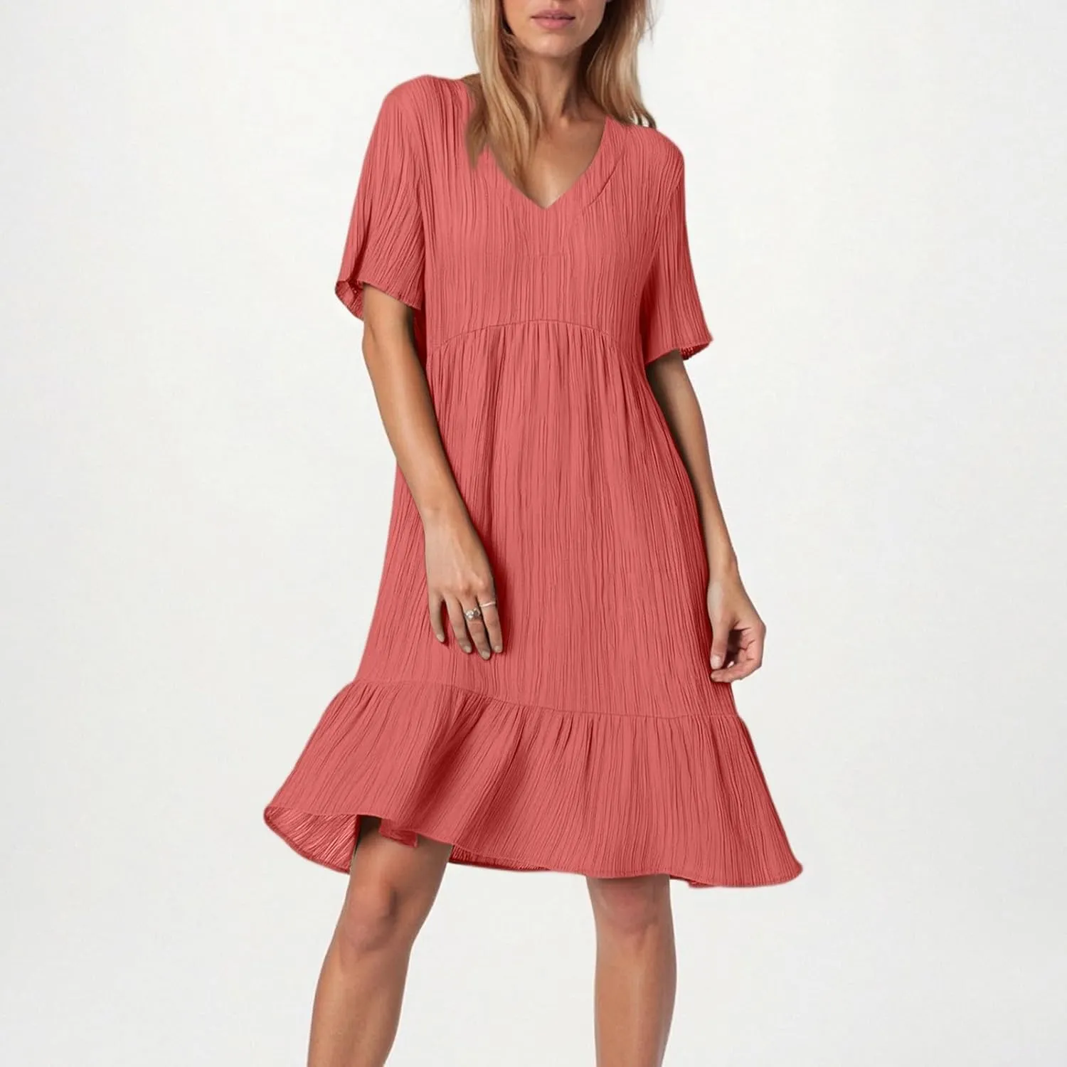 Summer Dresses for Women 2025 Loose V Neck Short Sleeve T Shirt Dress Casual Flowy Ruffle Tiered Layered A-Line Dress