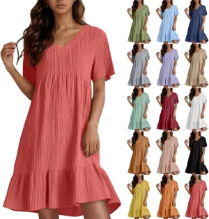 Summer Dresses for Women 2025 Loose V Neck Short Sleeve T Shirt Dress Casual Flowy Ruffle Tiered Layered A-Line Dress