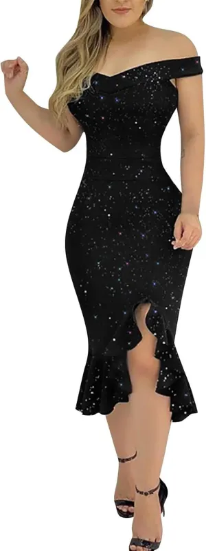 Summer Dresses for Women 2025 Off Shoulder Ruffle Irregular Bodycon Midi Dress Formal Wedding Guest Dresses