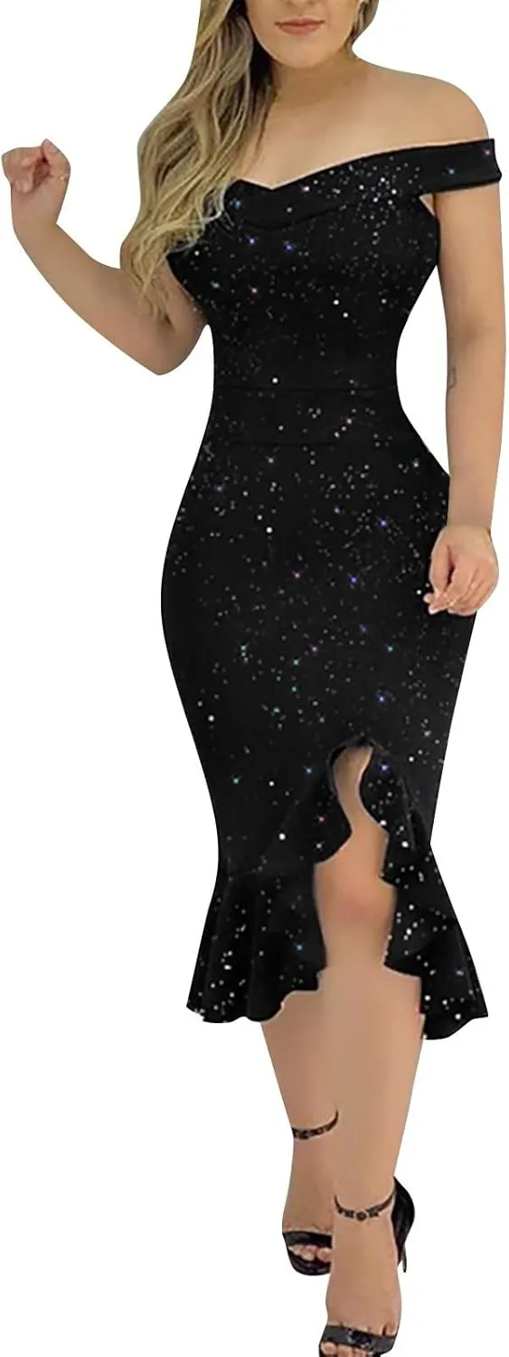 Summer Dresses for Women 2025 Off Shoulder Ruffle Irregular Bodycon Midi Dress Formal Wedding Guest Dresses
