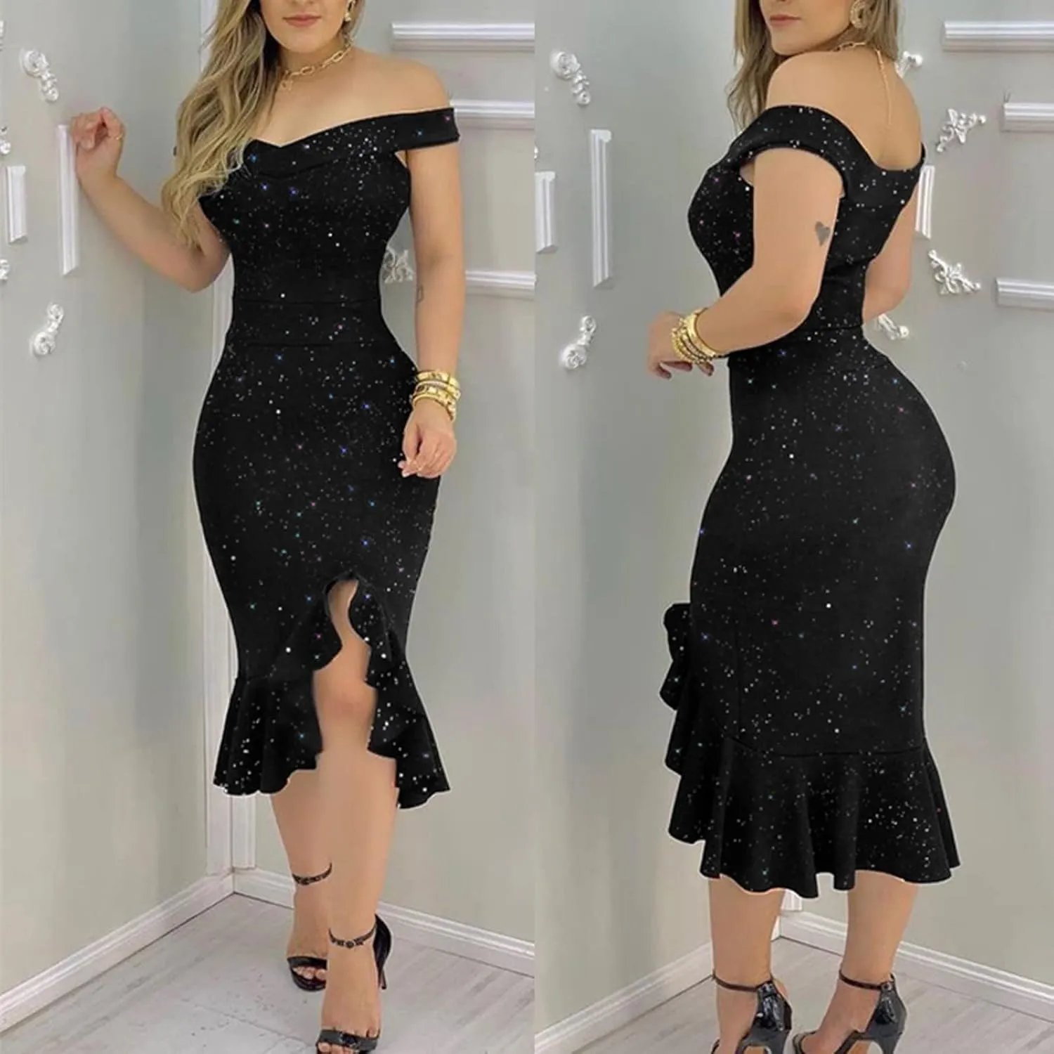 Summer Dresses for Women 2025 Off Shoulder Ruffle Irregular Bodycon Midi Dress Formal Wedding Guest Dresses