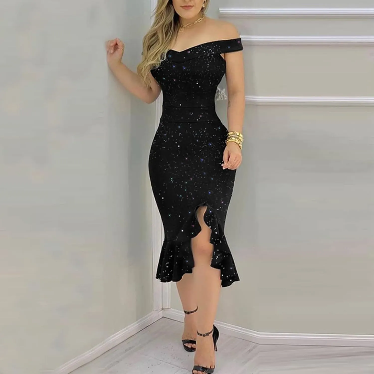 Summer Dresses for Women 2025 Off Shoulder Ruffle Irregular Bodycon Midi Dress Formal Wedding Guest Dresses