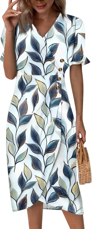Summer Dresses for Women 2025 Short Sleeve V Neck Flowy Ruched Hawaiian Casual Floral A-Line Boho Dress Midi Sundress