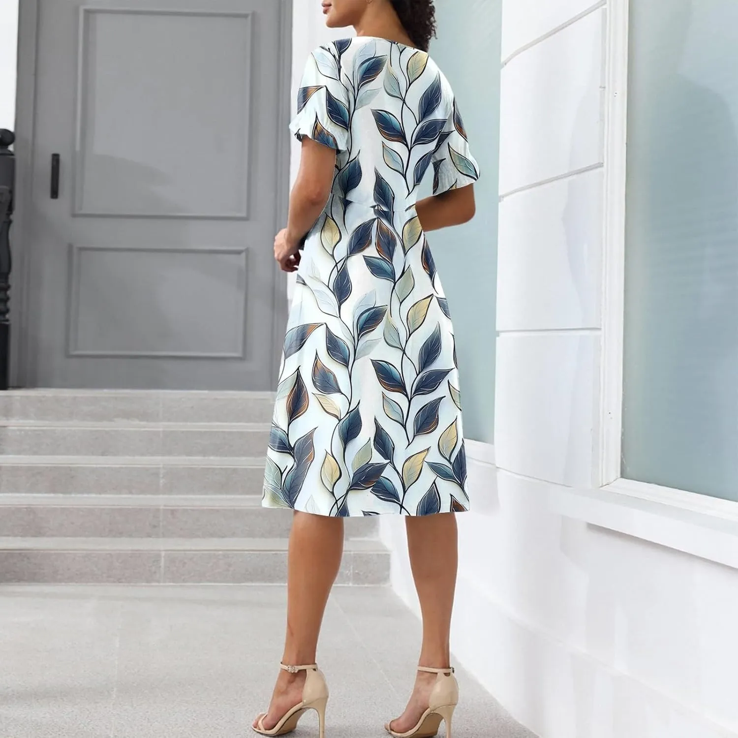 Summer Dresses for Women 2025 Short Sleeve V Neck Flowy Ruched Hawaiian Casual Floral A-Line Boho Dress Midi Sundress