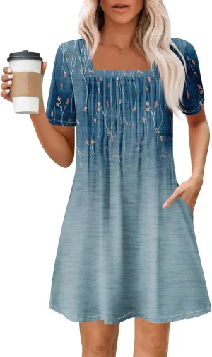 Summer Dresses for Women 2025 Square Neck Pleated Front Mini Dress Boho Floral Printed Beach Party Sundress