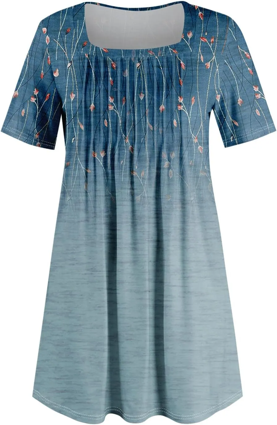 Summer Dresses for Women 2025 Square Neck Pleated Front Mini Dress Boho Floral Printed Beach Party Sundress