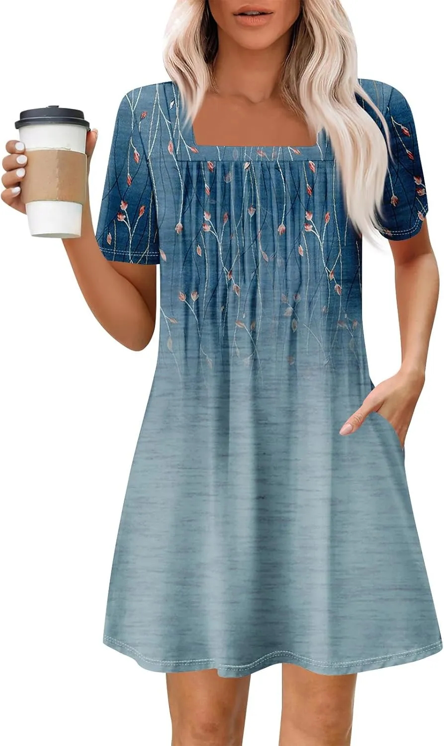 Summer Dresses for Women 2025 Square Neck Pleated Front Mini Dress Boho Floral Printed Beach Party Sundress
