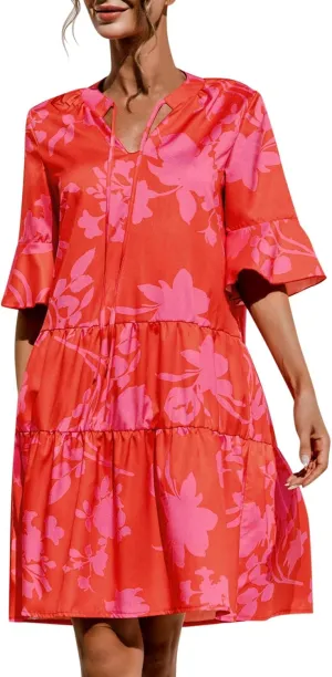 Summer Dresses for Women Beach Boho 3/4 Sleeve Tie V Neck Ruffle Vintage Floral Flowy Casual Tshirt Mini Sundresses