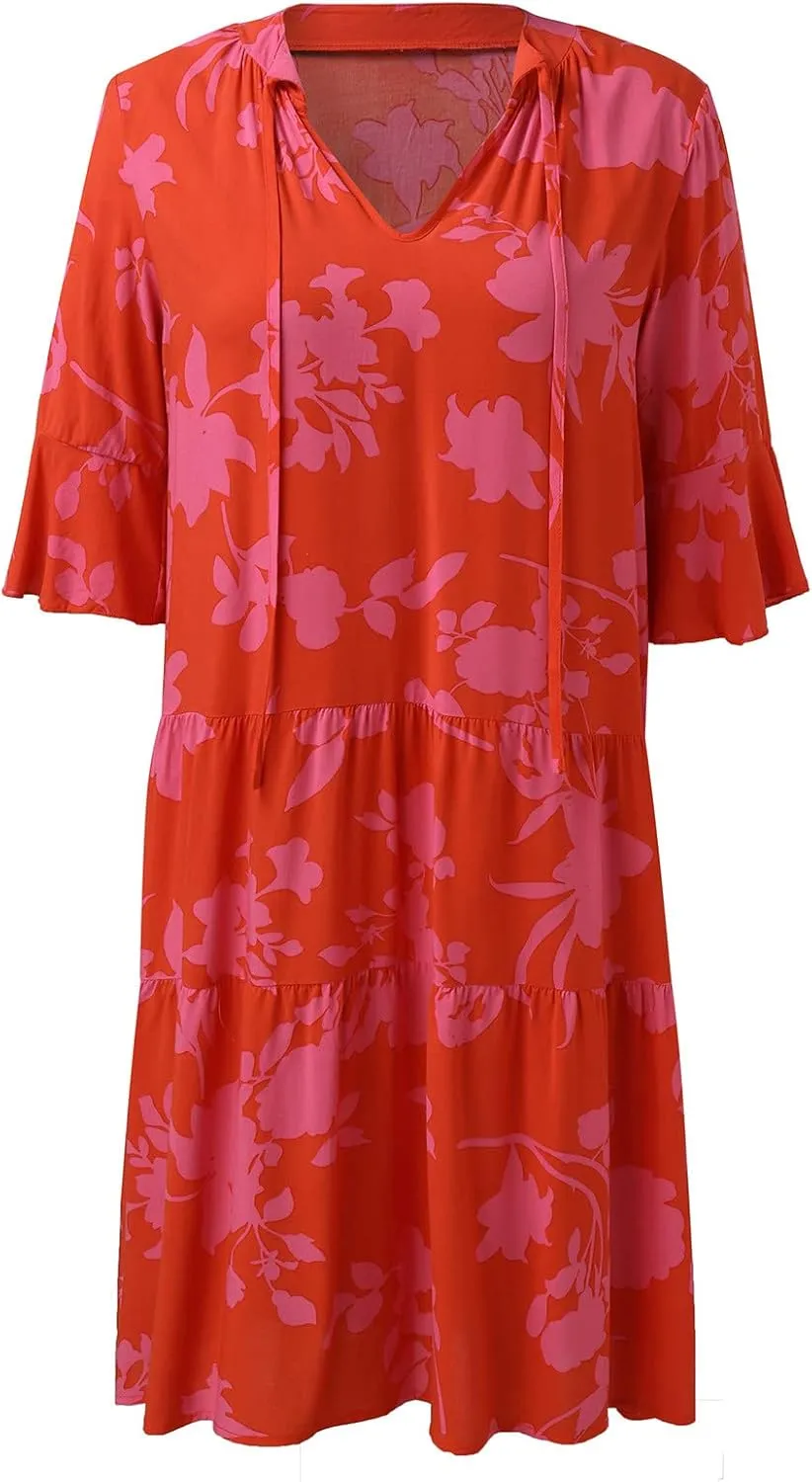 Summer Dresses for Women Beach Boho 3/4 Sleeve Tie V Neck Ruffle Vintage Floral Flowy Casual Tshirt Mini Sundresses