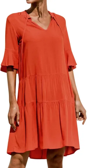 Summer Dresses for Women Beach Boho 3/4 Sleeve Tie V Neck Ruffle Vintage Floral Flowy Casual Tshirt Mini Sundresses