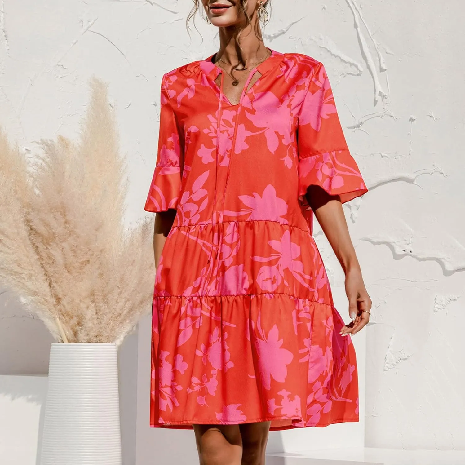 Summer Dresses for Women Beach Boho 3/4 Sleeve Tie V Neck Ruffle Vintage Floral Flowy Casual Tshirt Mini Sundresses
