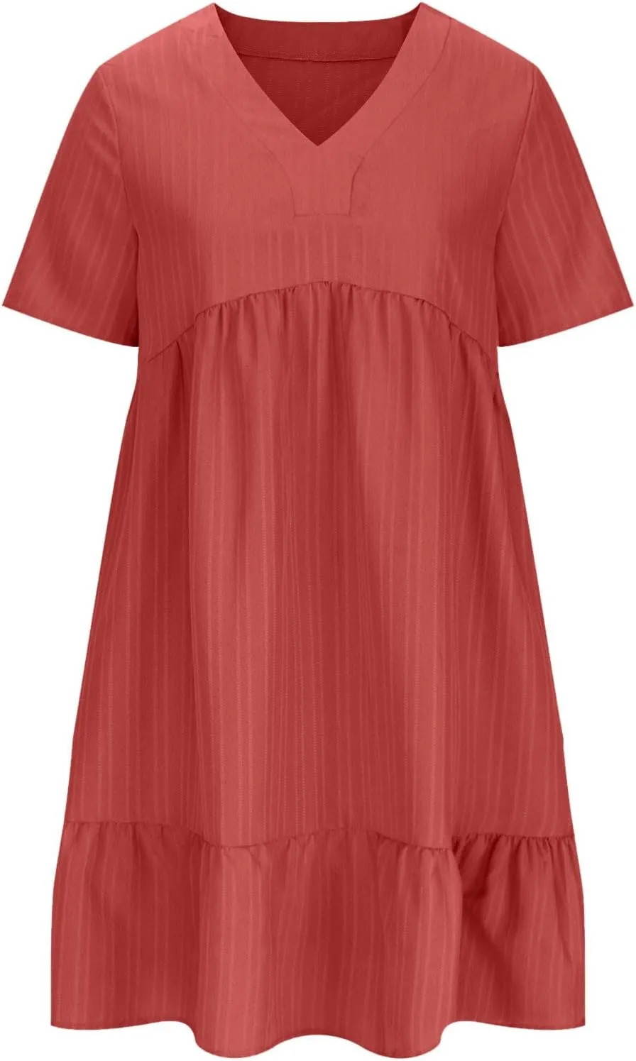 Summer Dresses for Women Casual Short Sleeve V-Neck Solid Sundress Loose Fit Pleated Vacation Beach Dress