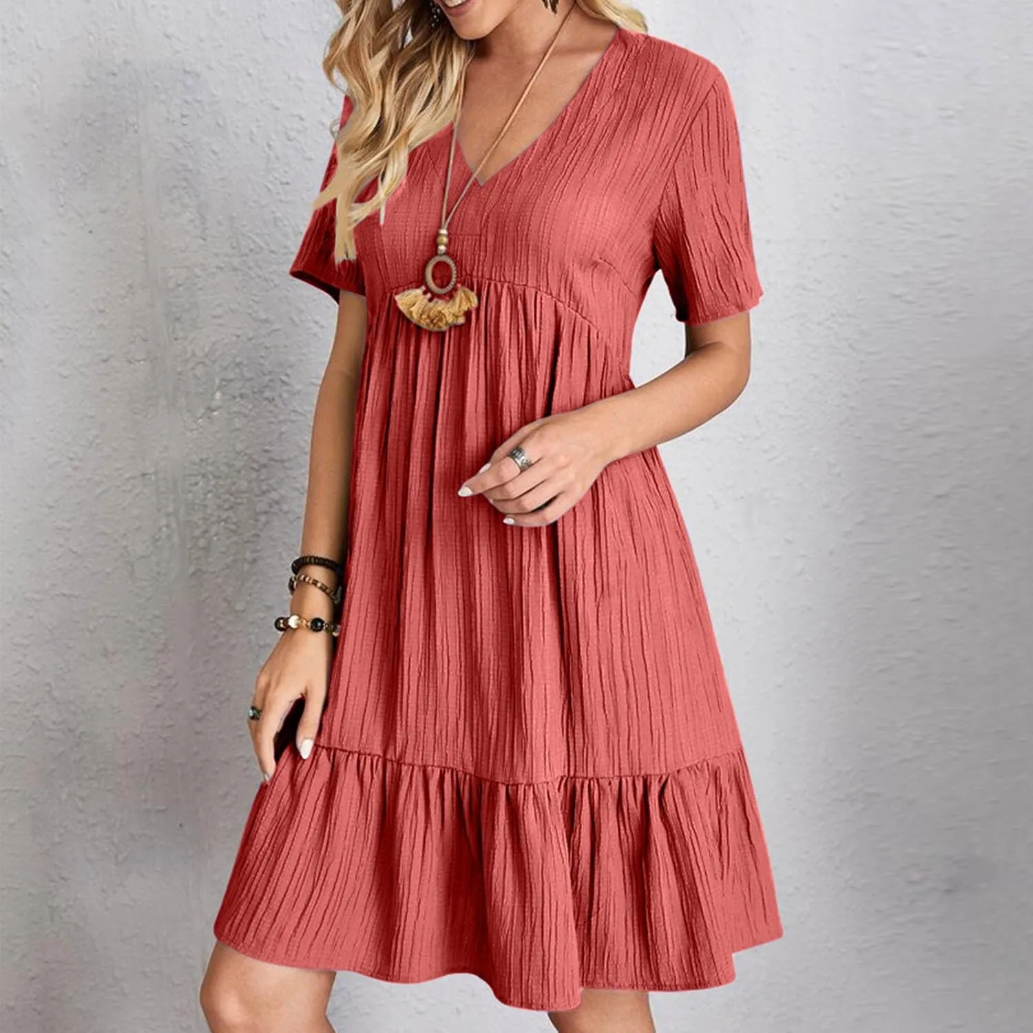 Summer Dresses for Women Casual Short Sleeve V-Neck Solid Sundress Loose Fit Pleated Vacation Beach Dress