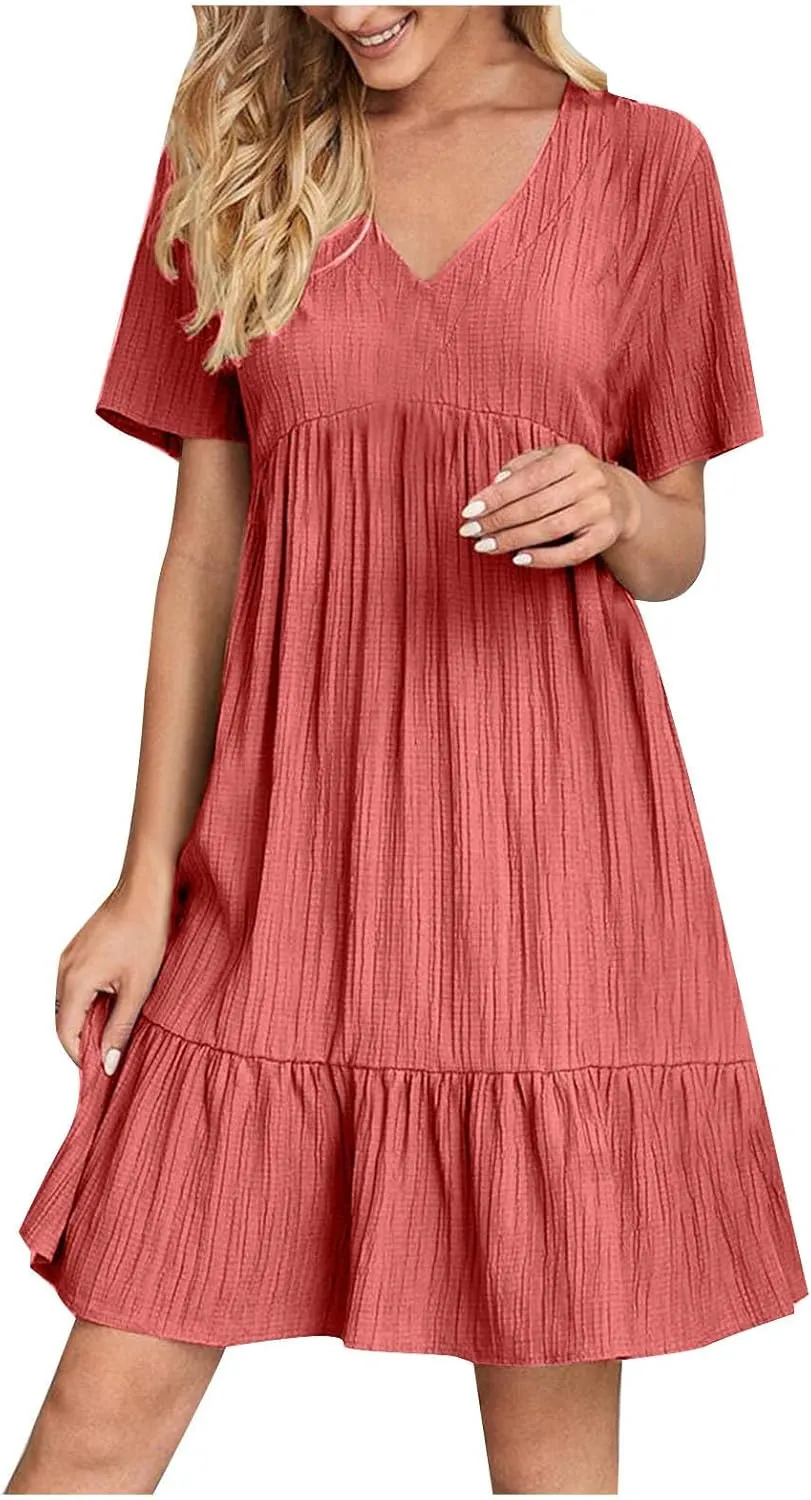 Summer Dresses for Women Casual Short Sleeve V-Neck Solid Sundress Loose Fit Pleated Vacation Beach Dress