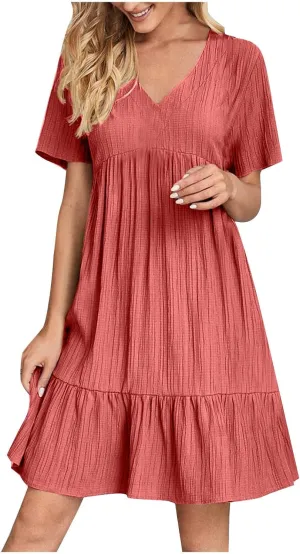 Summer Dresses for Women Casual Short Sleeve V-Neck Solid Sundress Loose Fit Pleated Vacation Beach Dress