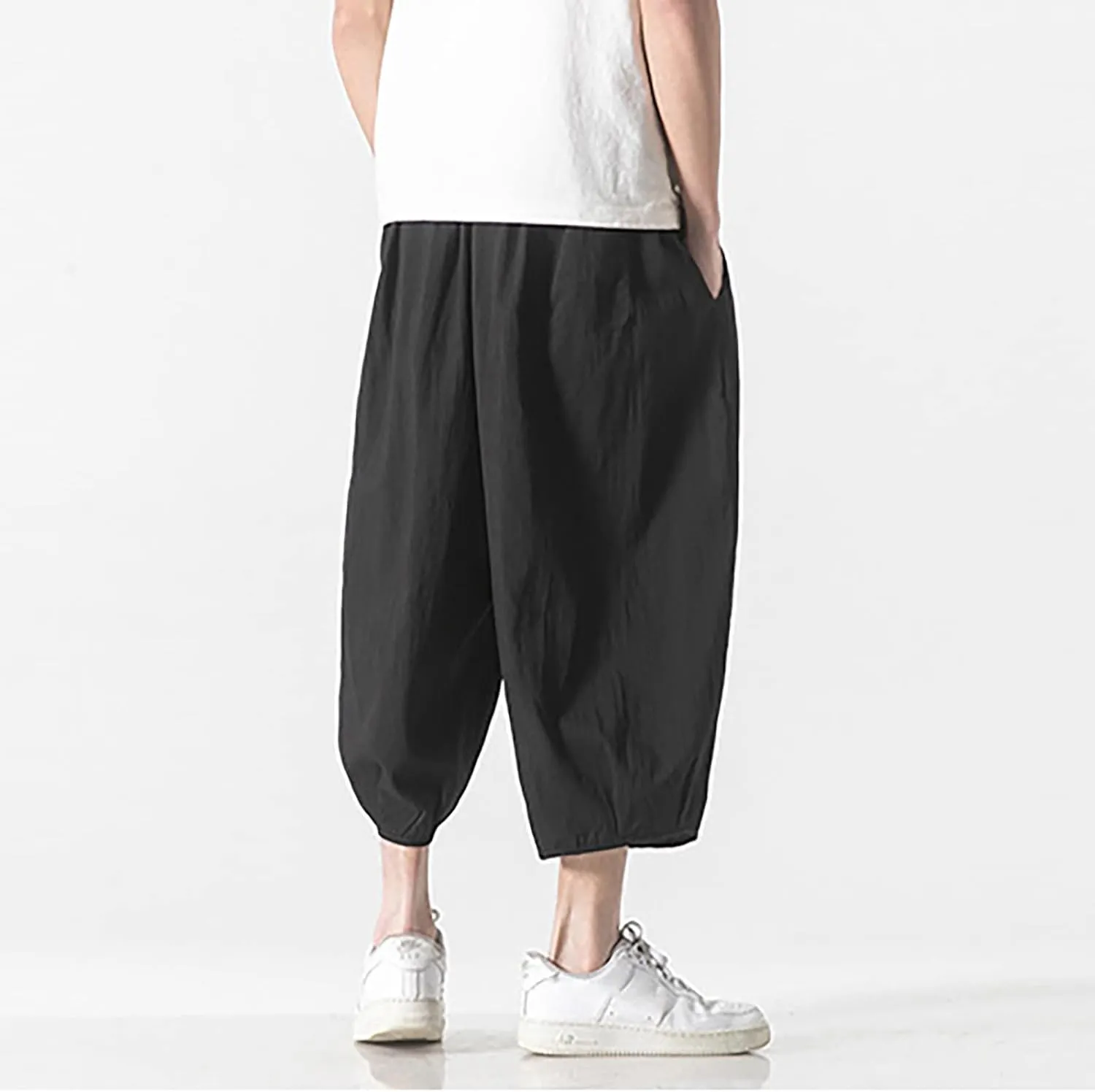 Summer Loose Fit Casual Capri Harem Pants Elastic Waist Wide Leg Baggy Long Shorts Yoga Hippie Slacks Trousers with Pockets