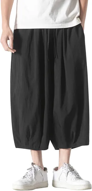 Summer Loose Fit Casual Capri Harem Pants Elastic Waist Wide Leg Baggy Long Shorts Yoga Hippie Slacks Trousers with Pockets