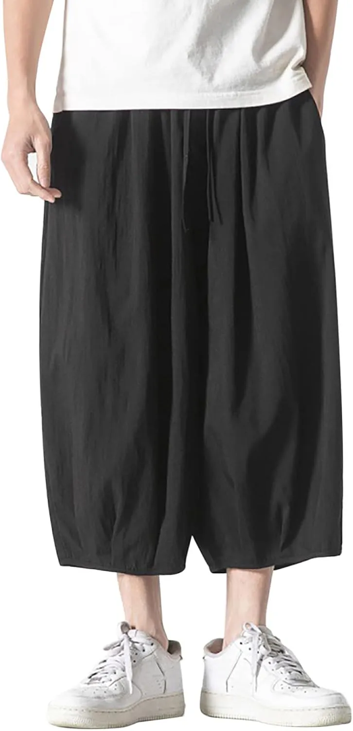 Summer Loose Fit Casual Capri Harem Pants Elastic Waist Wide Leg Baggy Long Shorts Yoga Hippie Slacks Trousers with Pockets