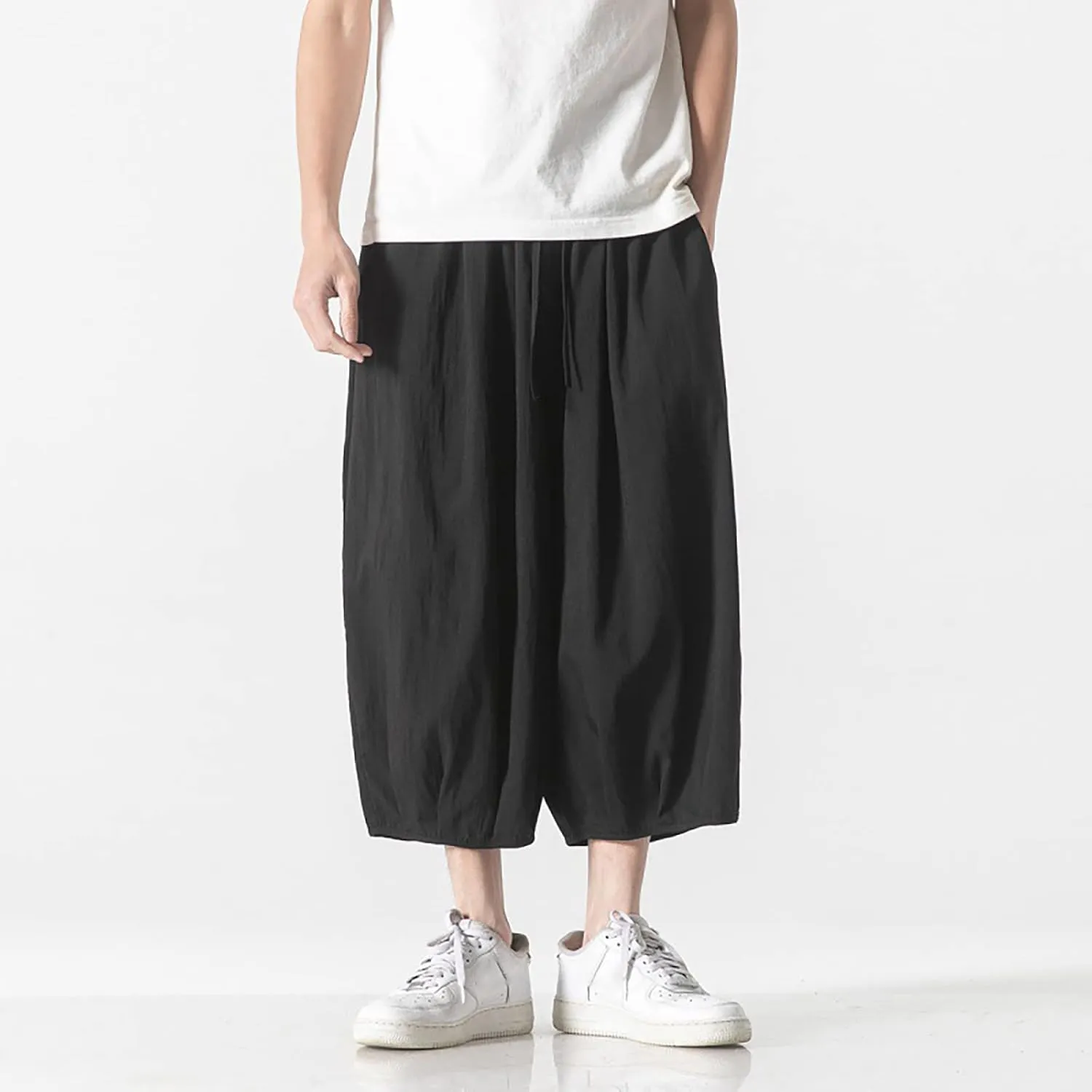 Summer Loose Fit Casual Capri Harem Pants Elastic Waist Wide Leg Baggy Long Shorts Yoga Hippie Slacks Trousers with Pockets