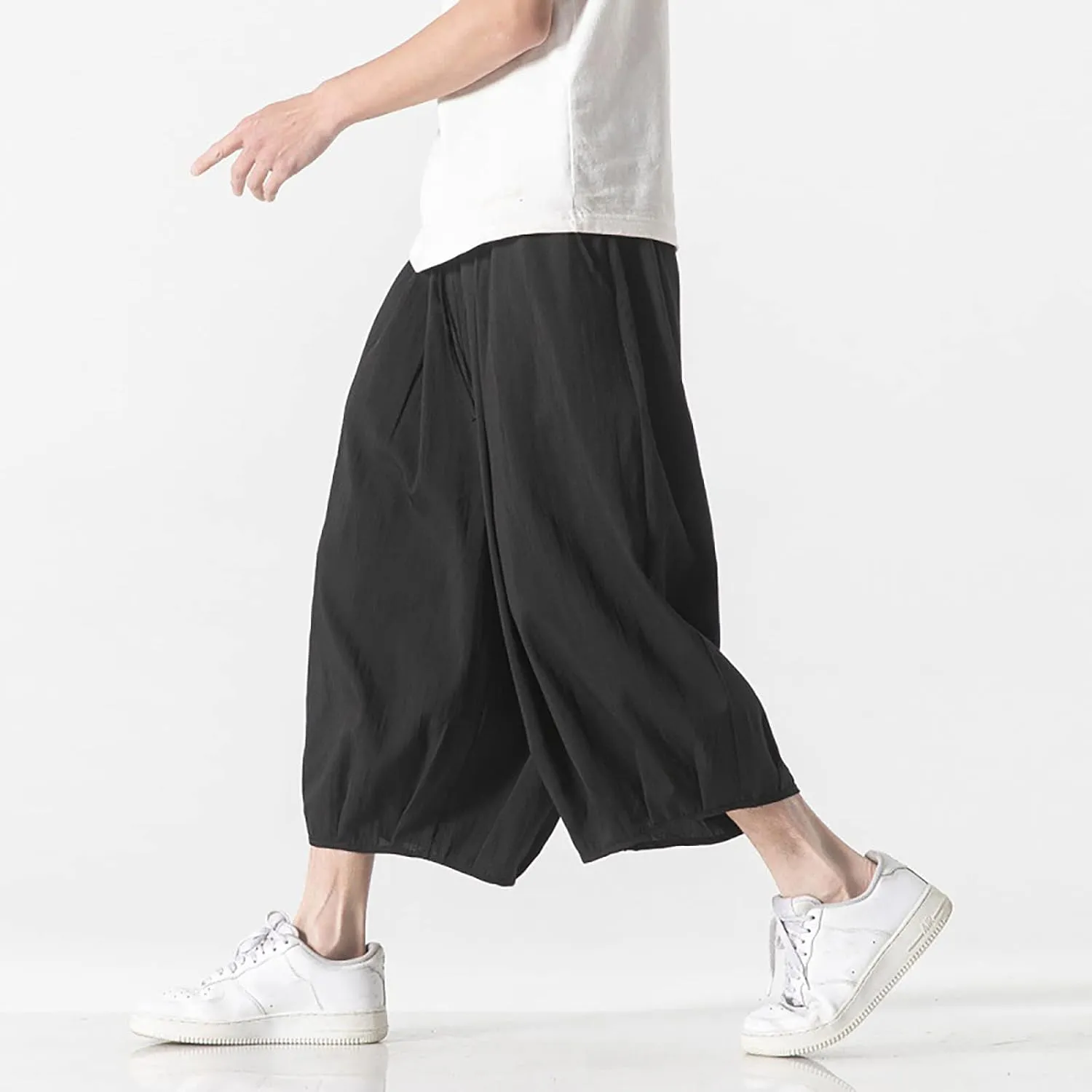 Summer Loose Fit Casual Capri Harem Pants Elastic Waist Wide Leg Baggy Long Shorts Yoga Hippie Slacks Trousers with Pockets