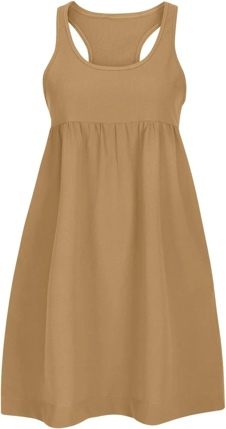 Sun Dresses for Women 2025 Vacation Beach Sleeveless Scoop Neck Mini Dress Summer Casual Loose Fit Babydoll Sundress