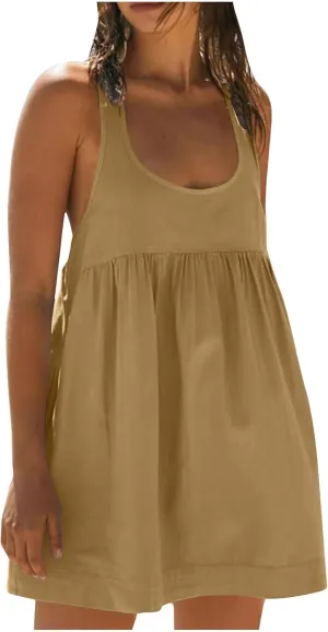 Sun Dresses for Women 2025 Vacation Beach Sleeveless Scoop Neck Mini Dress Summer Casual Loose Fit Babydoll Sundress